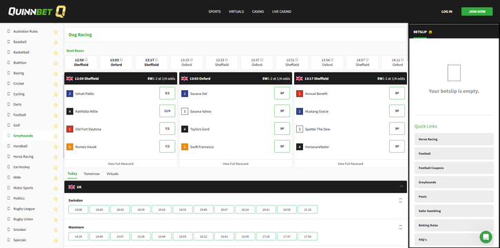 QuinnBet Greyhound Betting Screenshot